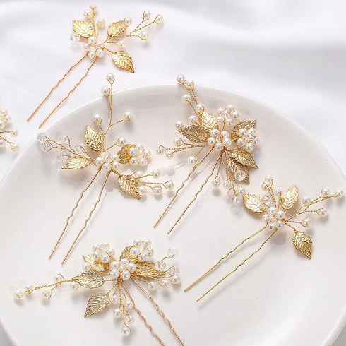 Waydress 6 Pcs Floral Hair Accessories, Gold Leaf Bridal Hair Pins, Wedding Hair Clips for Women