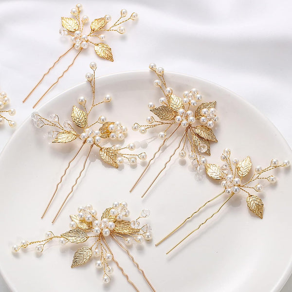 Waydress 6 Pcs Floral Hair Accessories, Gold Leaf Bridal Hair Pins, Wedding Hair Clips for Women