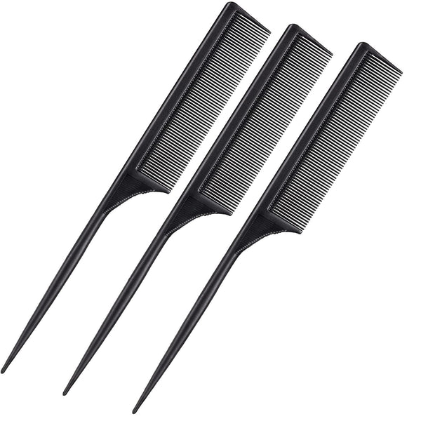 Leinuosen 3 Pack Carbon Fiber Rat Tail Styling Comb, Heat Resistant Anti Static for Back Combing, Black