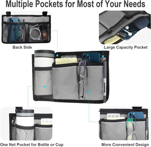 Wheelchair Side Bag with Cup Holder, Waterproof Armrest Storage Pouch for Most Wheelchairs, Walkers, Rollators (Gray)
