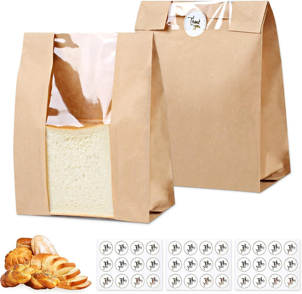 TBUKEOM 28 Pcs Bread Bags with Window, Brown Paper Bakery Bags for Homemade