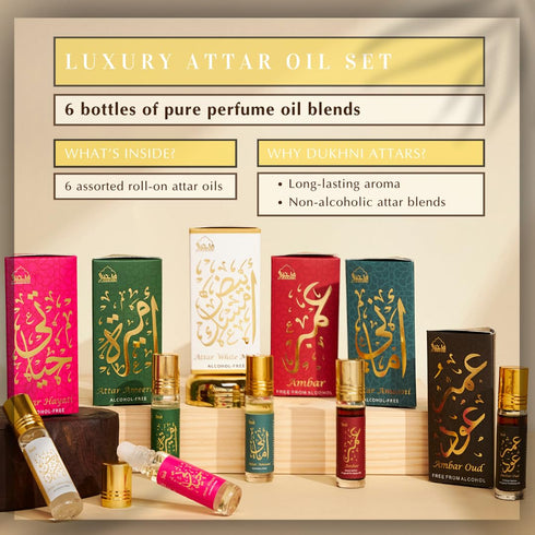 Set 6 1 40 Dukhni Luxury Attar Oil & Oud Ya Aini Muattar Bakhoor Arabic Perfume Oils for men & women| jar X gm Arabic