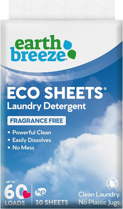 Earth Breeze Laundry Detergent Sheets, 30 Sheets, 60 Loads, Concentrated Liquidless Soap, Fragrance-Free