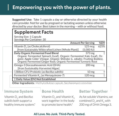 Plant Based Vitamin D3 K2, 5000 IU D3, Probiotics, Algal Omega 3 DHA, Organic Food Blend, Vegan, 30 ct