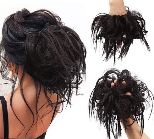 Tousled Updo Messy Bun Hair Piece Scrunchies, Synthetic Wavy Ponytail Extension for Women (Natural Black) -2#