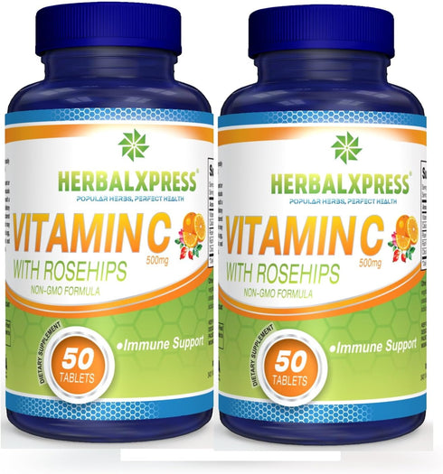 Herbalxpress Vitamin C 500mg with Rose Hips, Ascorbic Acid & Citrus Bioflavonoids - 100 Tablets (2 Tubs) for Immune