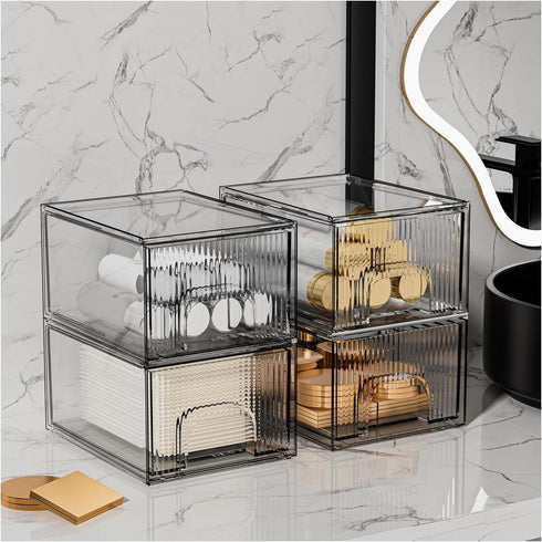 ZHIAI 4 Pcs Makeup Organizer Drawers, Stackable Stripes Bathroom Organizers for Vanity and Kitchen Cabinets