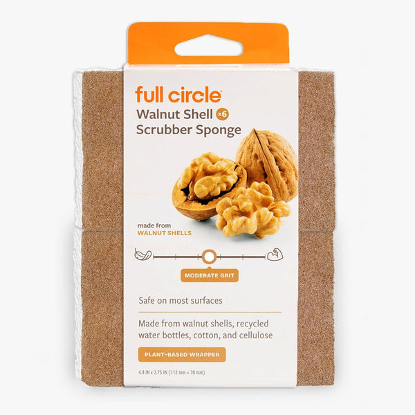 Full Circle Walnut and Cellulose Scrubber Sponges Pack of 6 Powerful, Non-Scratch