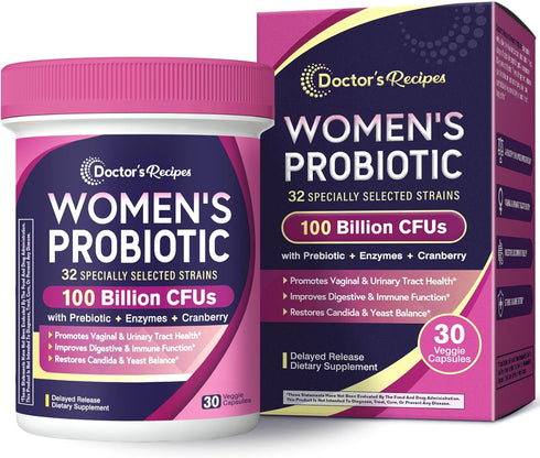 Doctor's Recipes Probiotics for Women, 100 Billion CFU 32 Strains with Prebiotic Fiber, Enzymes & Cranberry for Vaginal