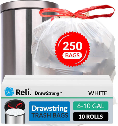 Reli. 250 Count Drawstring Trash Bags for 8-10 Gallon, 22"x23", White Liners for Small to Medium Garbage Cans