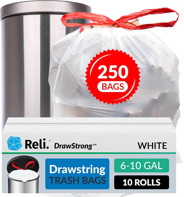 Reli. 250 Count Drawstring Trash Bags for 8-10 Gallon, 22"x23", White Liners for Small to Medium Garbage Cans