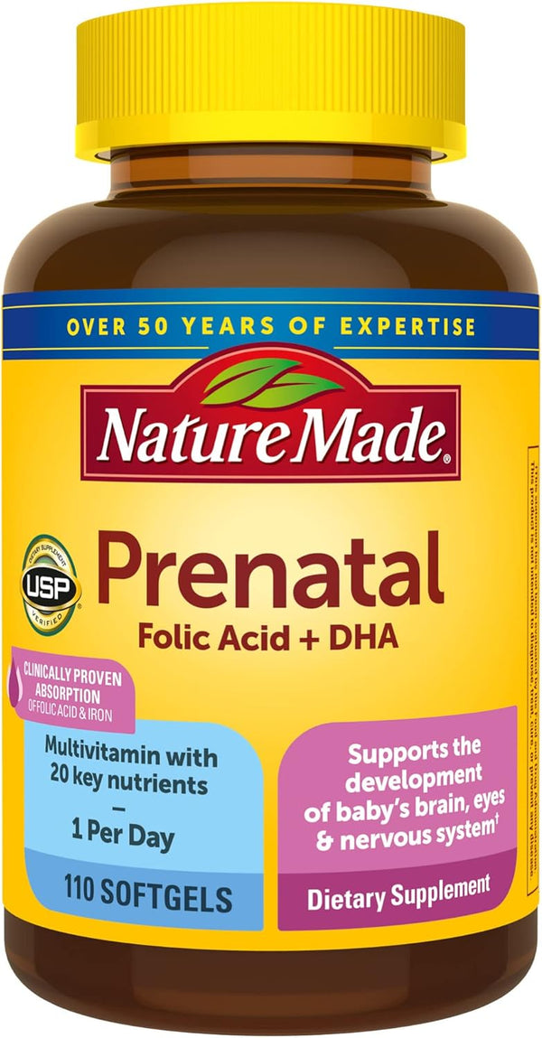 Nature Made Prenatal with Folic Acid + DHA, 110 Softgels for Daily Nutritional Support, 110 Day Supply