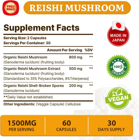 Japanese Reishi Mushroom Supplement - 800mg with Reishi Extract 500mg & Shell-Broken Spores 200mg, Pack of 2