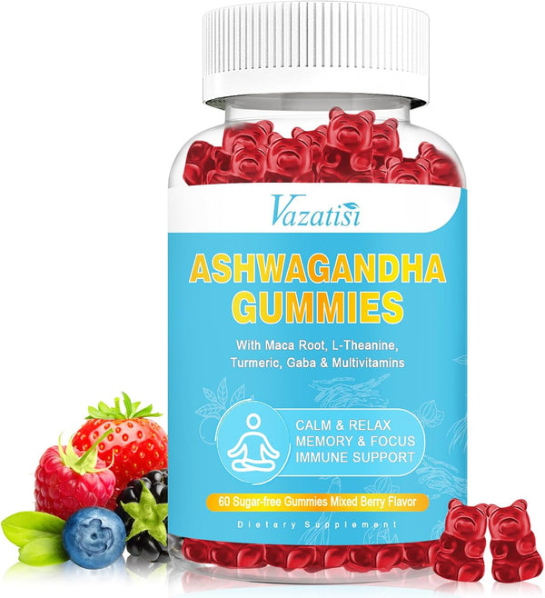 Sugar Free Ashwagandha Gummies 3000mg - 60 Ct with Maca Root, Turmeric, GABA for Mood, Energy & Immune Support, Mixed