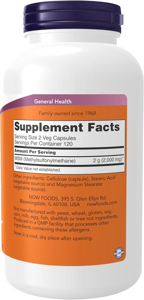 NOW Supplements, MSM (Methylsulfonylmethane) 1,000 mg, Joint Health*, 240 veg Capsules