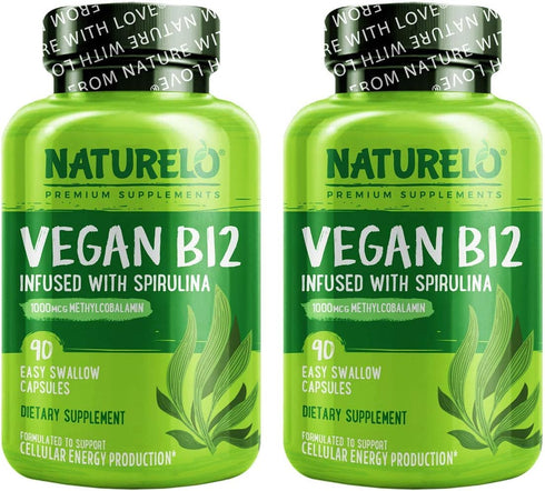 NATURELO Vegan B12 - 180 Capsules of High Potency Methyl B12 with Organic Spirulina for Mood, Energy & Heart Health