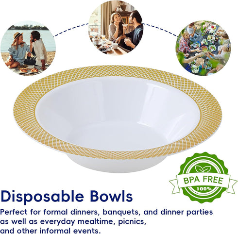 JOLLY CHEF 50 Plastic Bowls with Gold Rim, 12oz Disposable Soup Bowls, Heavy Duty for Parties and Catering