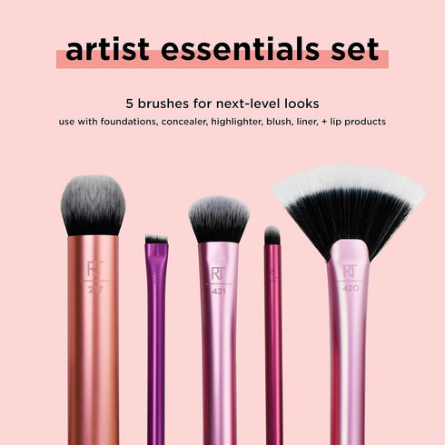 Real Techniques Artist Essentials Makeup Brush Set, 5 Piece Set for Foundation, Blush, Highlighter, Eyeshadow & Liner
