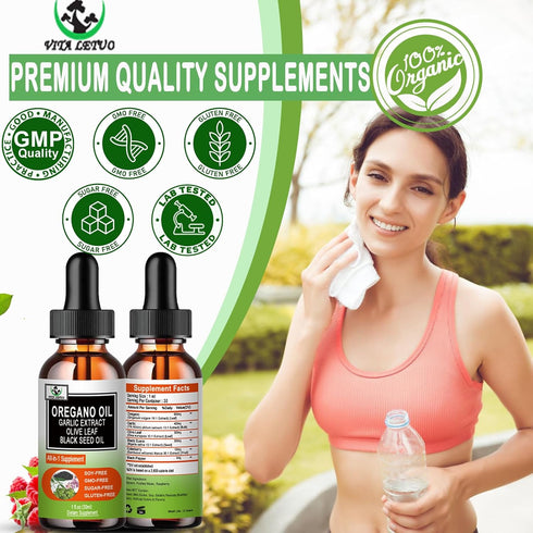 Vita letuo Immune,Digestive Organic Oil of Oregano with Black Seed Oil, Oregano Oil Liquid Drops w/Garlic Olive Leaf
