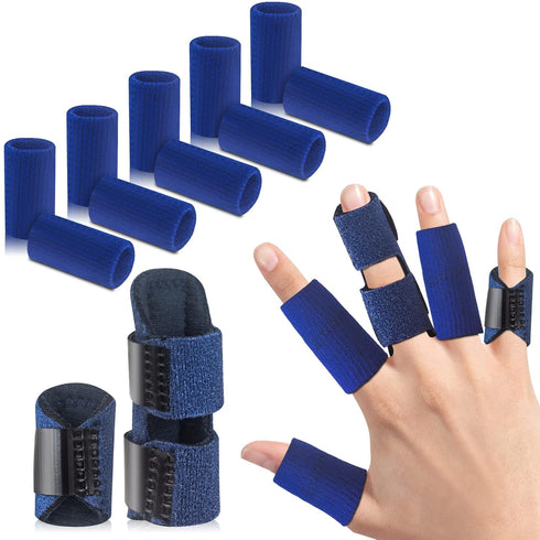 Finger Splint Set of 2, Trigger Finger Brace with 10 Nylon Sleeves for Sport Injuries and Swelling, Blue