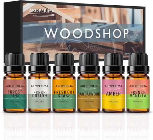 WOODSHOP Fragrance Essential Oil Set - French Vanilla, Amber, Forest Pine, Fresh