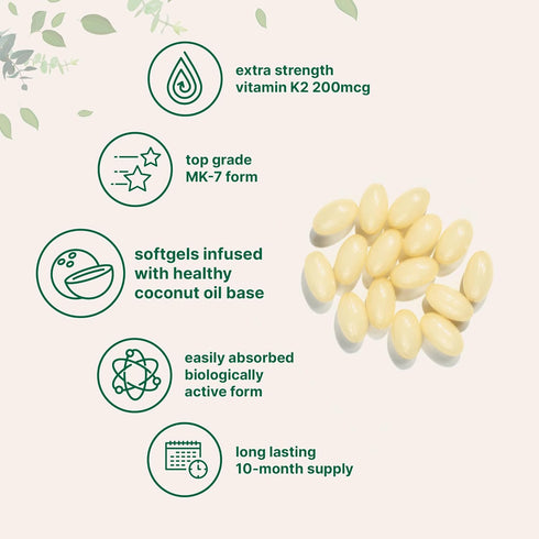 Micro Ingredients Vitamin K2 MK-7 Supplement - 200 mcg Per Serving, 300 Coconut Oil Softgels for Immune Support