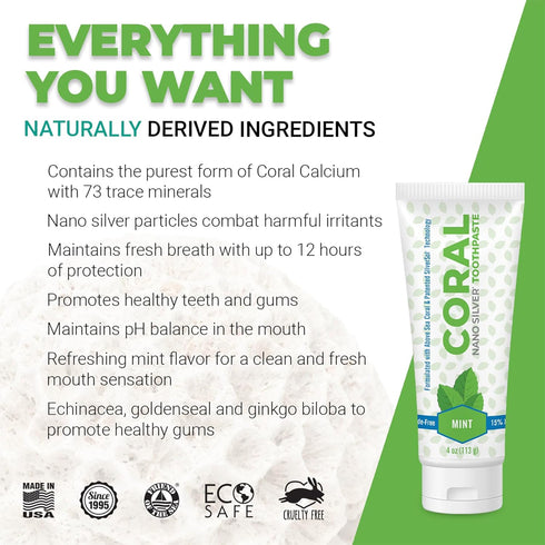 Coral Nano Silver Mint Toothpaste - Natural Fluoride Free Teeth Whitening, 4 Ounces