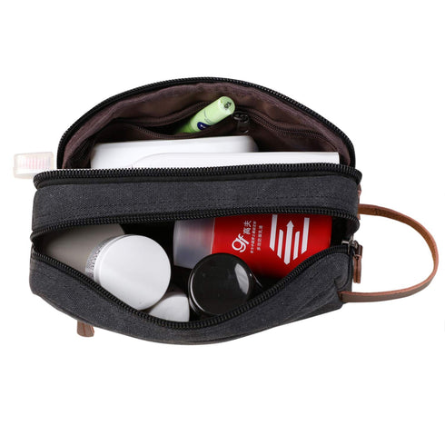 Mactso Mens Travel Toiletry Bag - Canvas Leather Cosmetic Organizer with Double Compartments