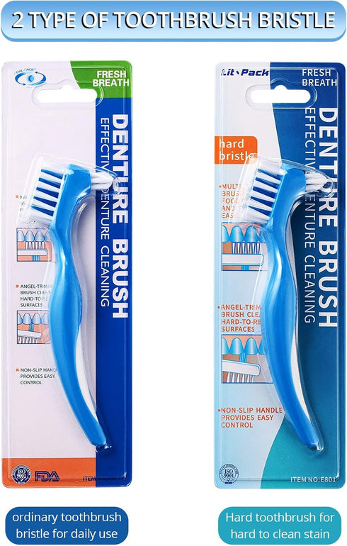 Lit-Pack 2 Pack (1 1hard Denture Clean Toothbrush for Denture Care Tool w/Multi Layered Ordinary or Hard Bristles Dual