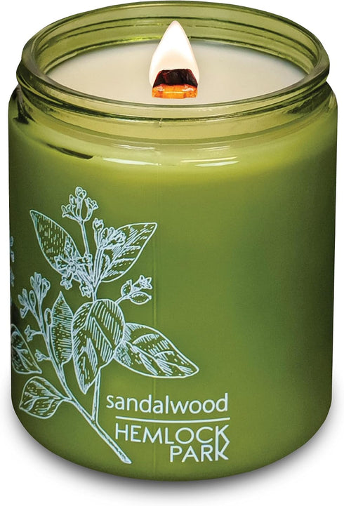 Hemlock 60 8 oz Park Sandalwood Green Glass Hand-Poured Scented Candle | Crackling Wood Wick, Botanical Fragrance