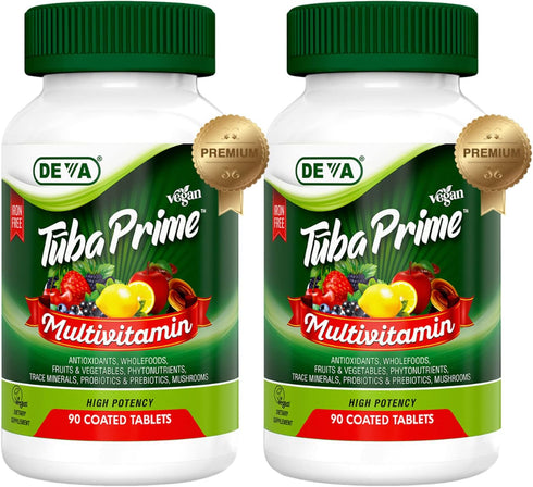 DEVA Tuba Prime Vegan Multivitamin Iron-Free, 90 Tabs, High-Potency Dietary Supplement with Antioxidants, 2-Pack