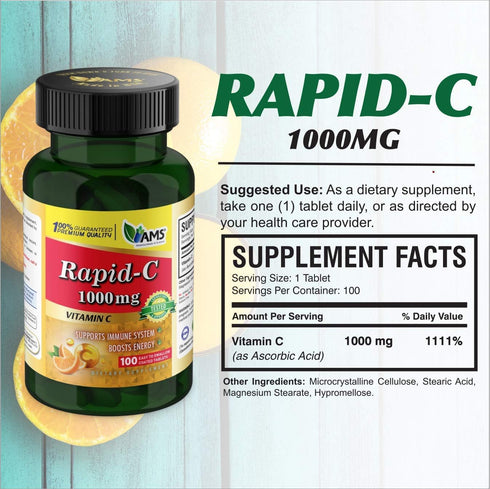 America Medic & Science Rapid-C, 1000mg Vitamin C Supplement, 1 Pack of 100 Tablets, Energy Booster, Daily Immune