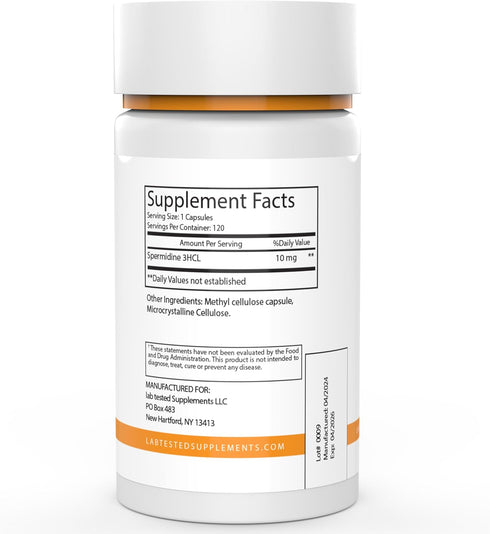 Spermidine 3HCL Supplement - 120 10mg capsules - 3rd Party COA's provided with every lot# - Spermidine Trihydrochloride