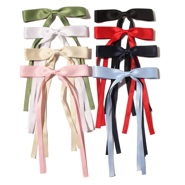 LFOUVRE 8pcs Long Tail Bow Hair Clips for Women, Ribbon Bowknot Barrettes with Tassel Claw