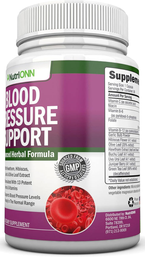 Blood Pressure Support Supplement - 13 Herbs & Vitamins with Hawthorn, Hibiscus, Garlic & Olive Leaf Extract - Non-GMO