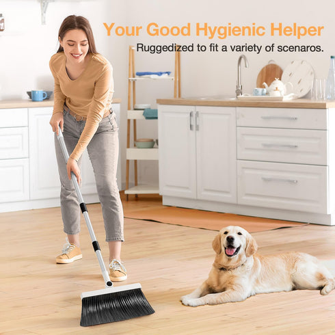 UOEOS Broom with Dustpan Combo Set, Pet Hair Removal Broom with Self-Cleaning Double-Layer Teeth for Indoor & Outdoor