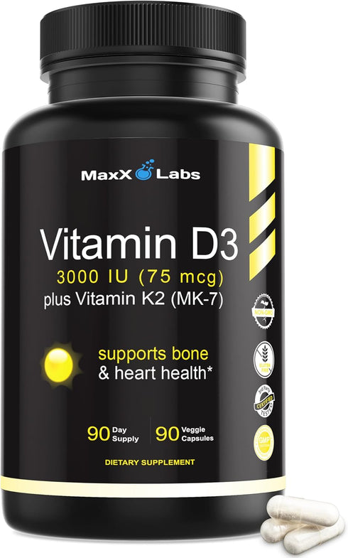 Vitamin D3 K2 3000 IU - High Potency Vitamin Supplement with MK-7 from Natto - 90 Capsules for Healthy Bones & Immune