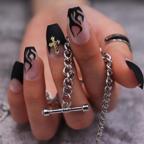 MISUD Medium Coffin Press on Nails, Goth Black Flame Fake Nails, Matte Glue on French Tip Acrylic Nails, 24 pcs
