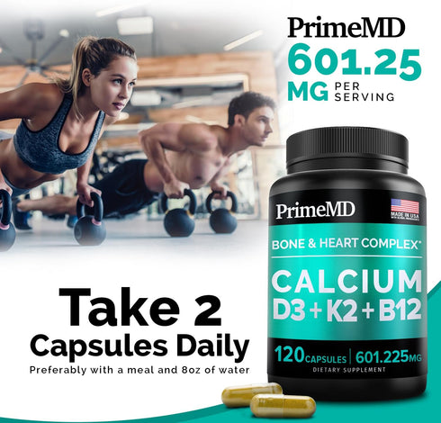 PrimeMD 4-in-1 Calcium Supplements 600mg with Vitamin D3 K2 B12 for Heart & Bone Health, 120 Count