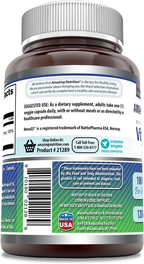 Amazing Formulas Vitamin K2 Menaq7 MK7 Supplement - 100 Mcg, Veggie Capsules, 120 Count