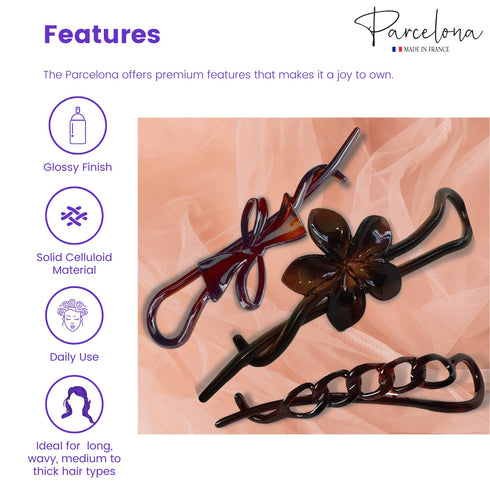 Parcelona French Twist n Clip Flower, Bow and Chain 4" Celluloid Metal Free Hair Barrette Clips Women Hair Accessories, Made in France (Tortoise Shell Brown)