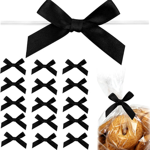 Gejoy 100 Pieces 2.6" Solid Black Mini Satin Ribbon Twist Tie Bows for Wedding Graduation Birthday Party Decoration