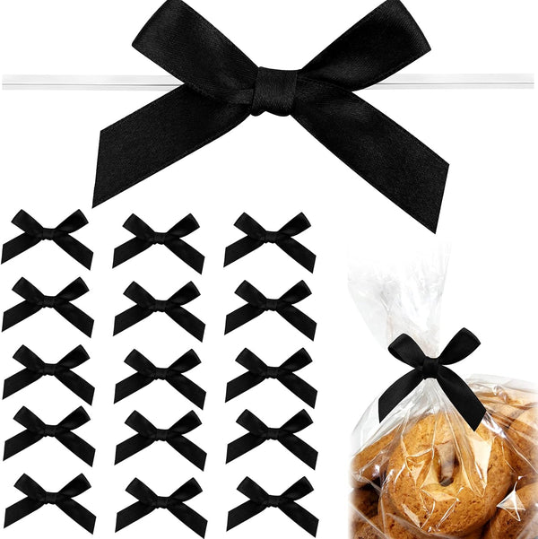 Gejoy 100 Pieces 2.6" Solid Black Mini Satin Ribbon Twist Tie Bows for Wedding Graduation Birthday Party Decoration