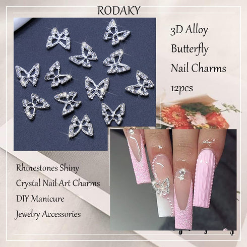 RODAKY 3D Alloy Butterfly Nail Art Charms, 12PCS Silver Butterflies with Gems for Nail Decoration