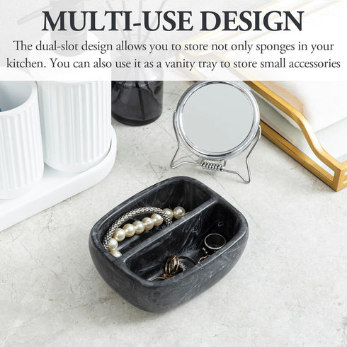 MyGift Modern Black Resin Double Sponge Holder with Marble Pattern for Kitchen Sink