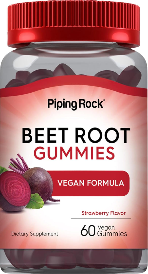 Piping Rock Beet Root Gummies, 60 Count, with Nitrates and Black Pepper Extract, Nitric Oxide Supplement, Strawberry
