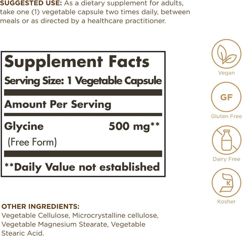 Solgar Glycine 500 mg - 100 Vegetable Capsules - Non-GMO, Vegan, Gluten Free, Dairy Free, Kosher - 100 Servings