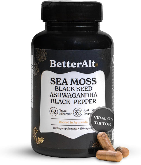 Sea Moss Capsules - 120 Capsules - Irish Sea Moss with Black Seed Oil, Ashwagandha & Black Pepper for Stamina,
