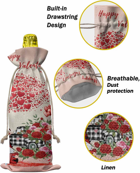 MISHKIN 10pcs Linen Burlap Wine Bags with Drawstring Red Roses Valentine's Day Wine Gift Bag with Tags Reusable Wines