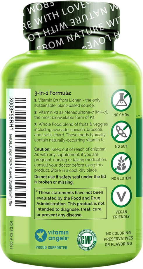 NATURELO Vitamin D3 K2 - Vegan Supplement for Immune System, Bone Support, 60 Capsules, Non-GMO